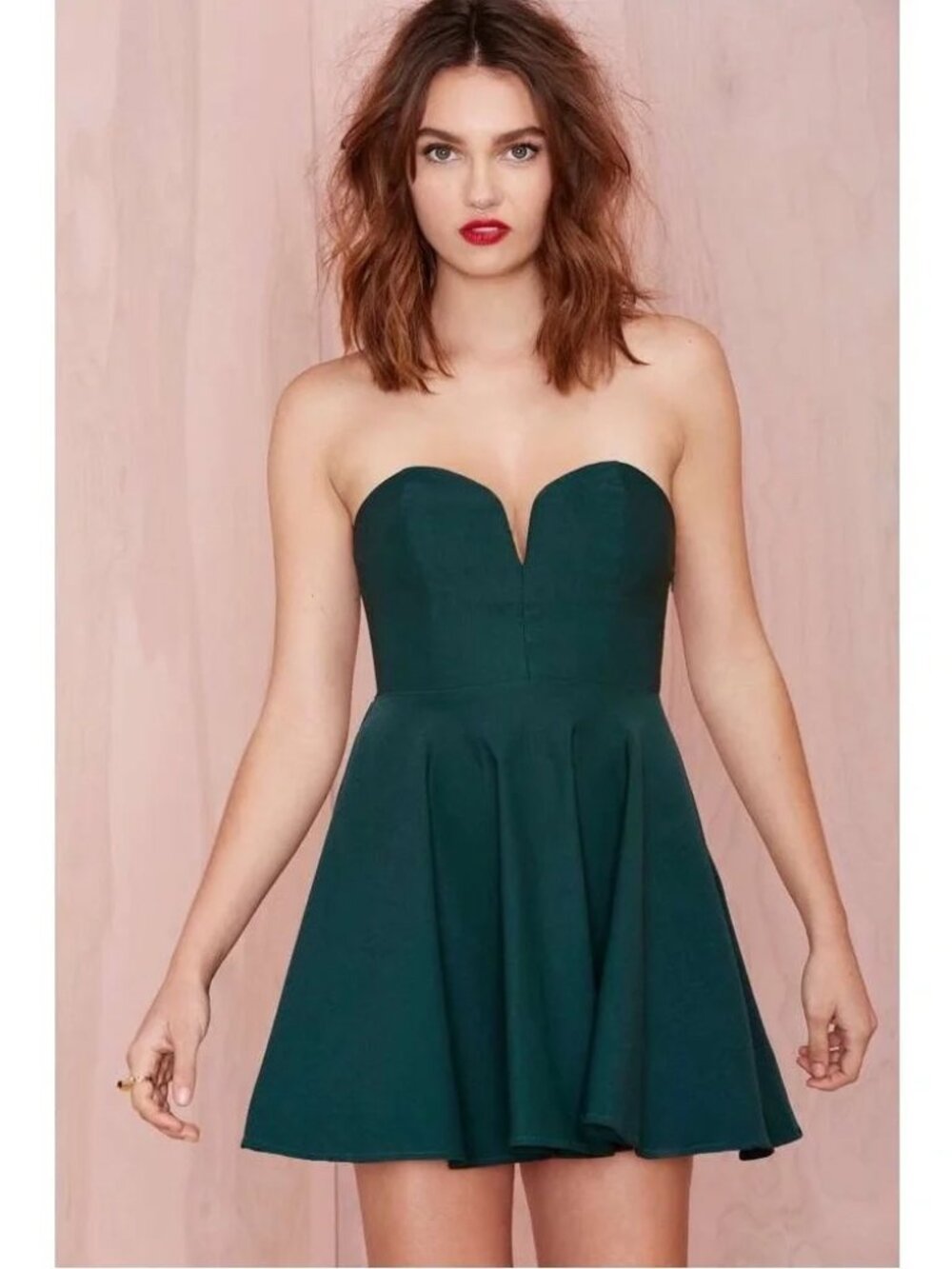 Nastygal Sweetheart Strapless Deep Plunge Mini Skater Dress Hunter Green XS